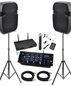 Pyle KTHSP490 15" High Output D.J.- P.A. Powered Speakers System with a 4 Channel Mixer Build-In Bluetooth,Wireless Microphones,Speakers Stand and XLR Audio Cables. KTHSP490