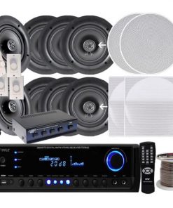 4 Pairs of 200W 6.25" In-Wall / In-Ceiling Stereo White Speakers w/ 300W Digital Home Stereo Receiver w/ USB/SD/AUX Input, Remote w/ 4 Channel High Power Stereo Speaker Selector, 4 Volume Controls & 250 ft. Wire KTHSP690