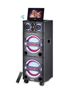 Bluetooth PA Loudspeaker Karaoke Entertainment Audio & Video System, Active Powered Speaker, CD/DVD Player with 10'' Display, Flashing DJ Party Lights, MP3/USB/SD, FM Radio, Wireless Mic PKRK215