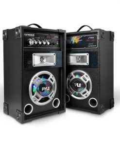 Disco Jam Dual Bookshelf Stereo Speaker System, USB/SD/MP3 Streaming, FM Radio, Flashing DJ Party Lights PSUFM626LED