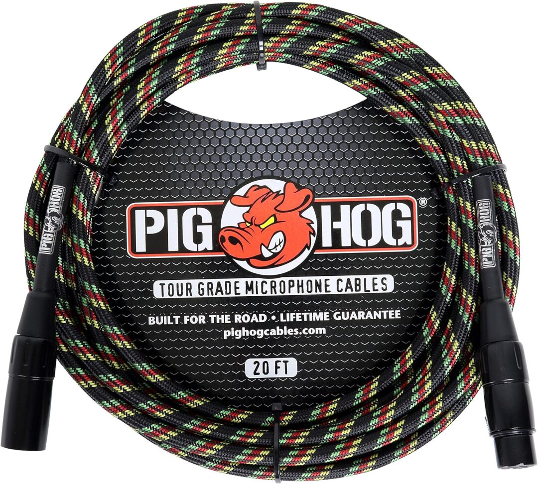 PIG HOG RASTA STRIPE WOVEN MIC CABLE, 20FT XLR